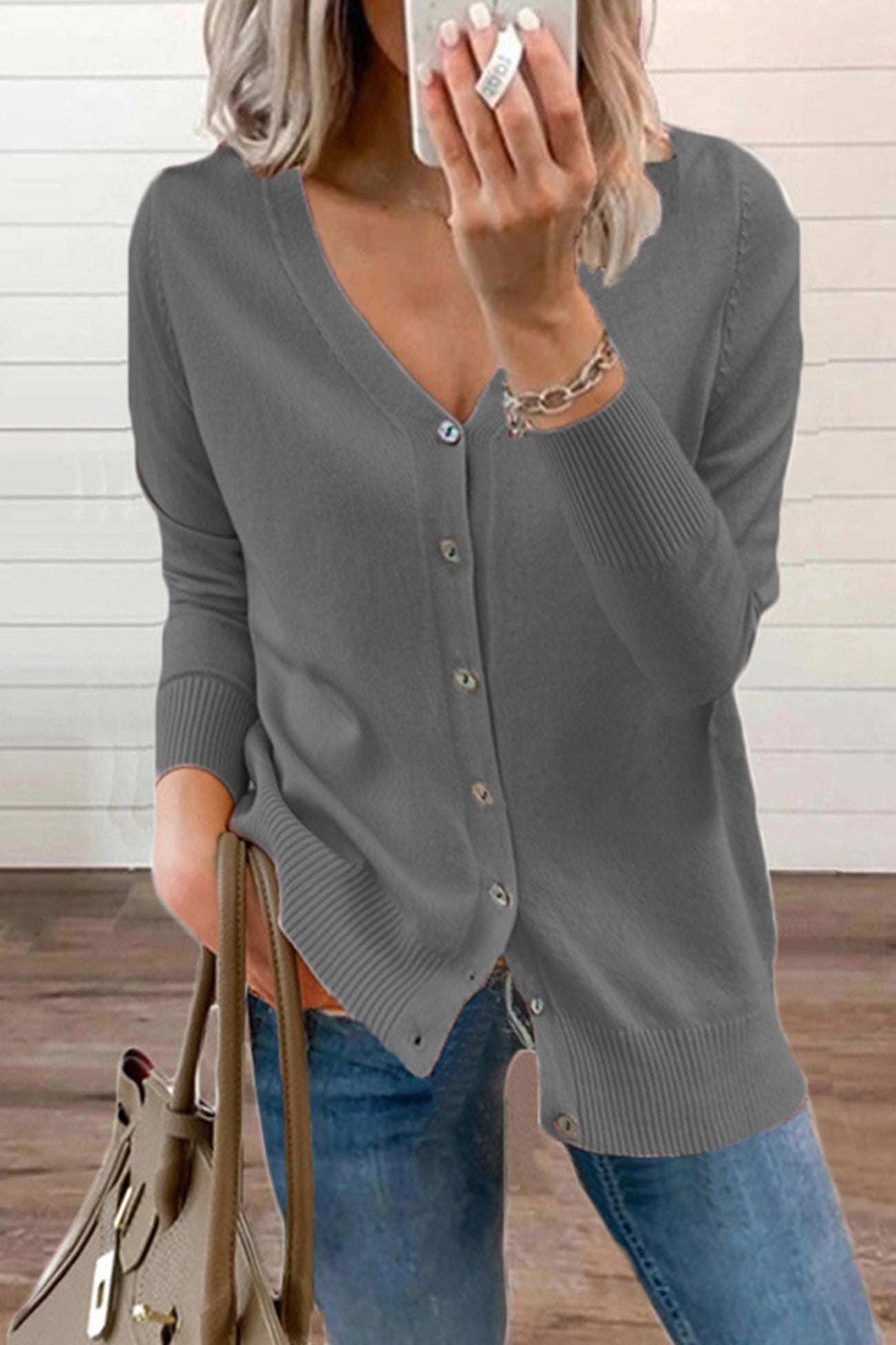 V Neck Button-down Cardigan