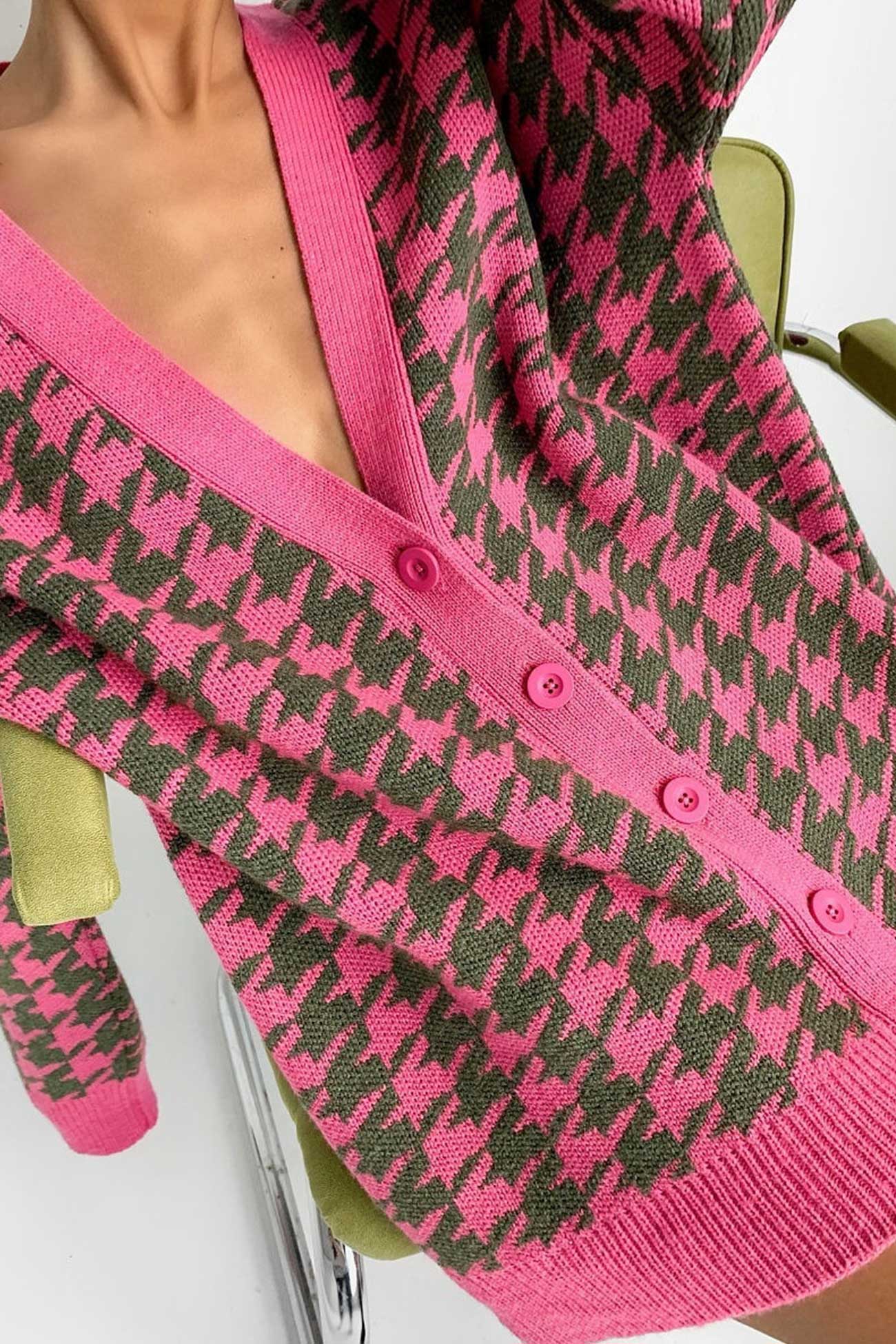 V Neck Houndstooth Contrast Mid-length Cardigan