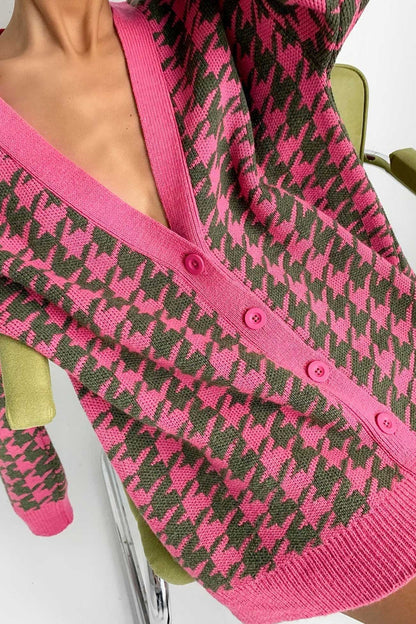 V Neck Houndstooth Contrast Mid-length Cardigan