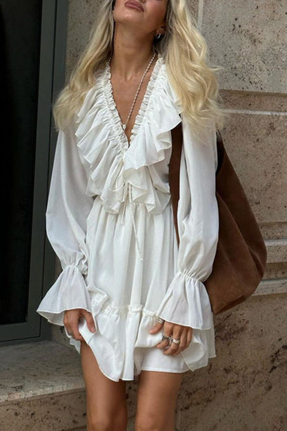 V Neck Pleated Trumpet Sleeve Ruffle Dress