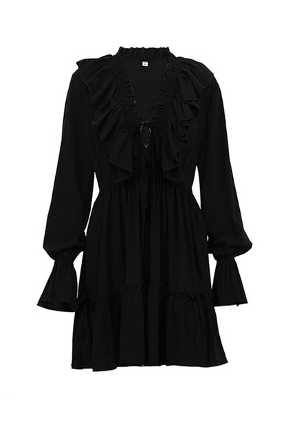 V Neck Pleated Trumpet Sleeve Ruffle Dress