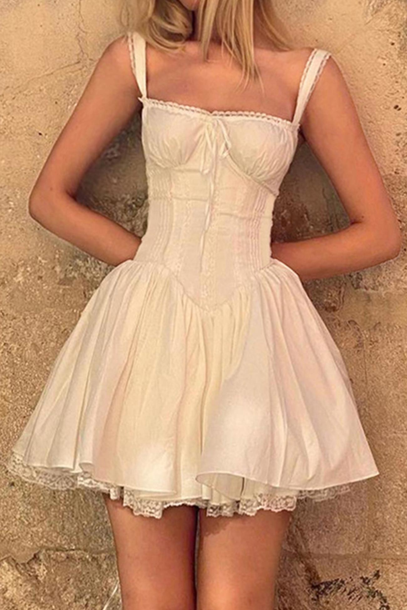 White Lace Stitching Strappy Ruched Cami Dress Wiwor White Lace Stitching Strappy Ruched Cami Dress Wiwor