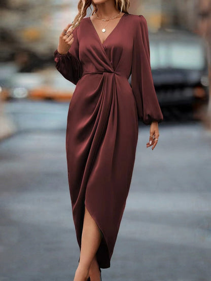 Elegant Red Draped V-Neck Midi Dress