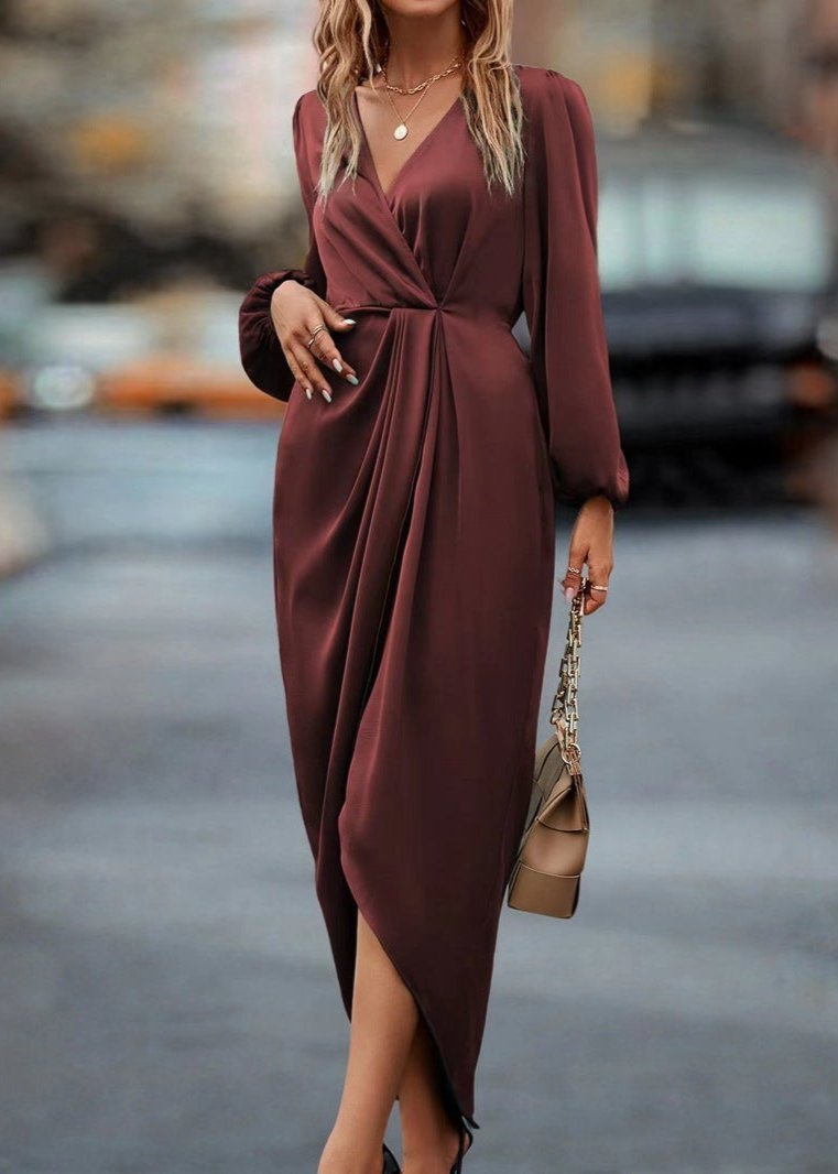 Elegant Red Draped V-Neck Midi Dress