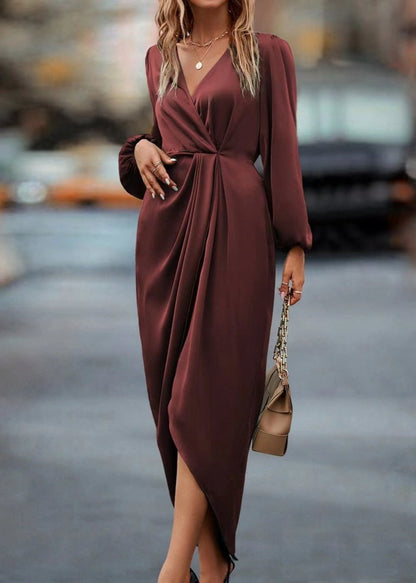 Elegant Red Draped V-Neck Midi Dress