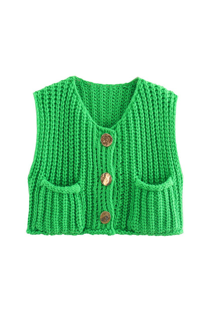 Button Front Sleeveless Pocket Knit Cardigan