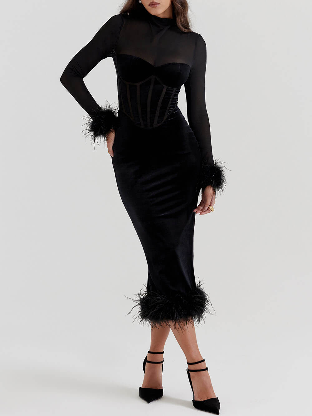 Elegance in Velvet - Black Velvet Midi Dress