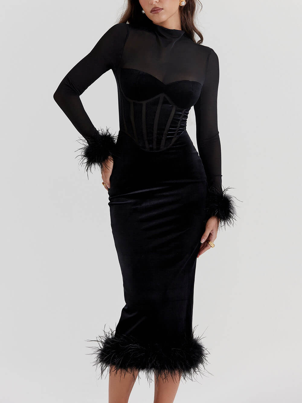 Elegance in Velvet - Black Velvet Midi Dress