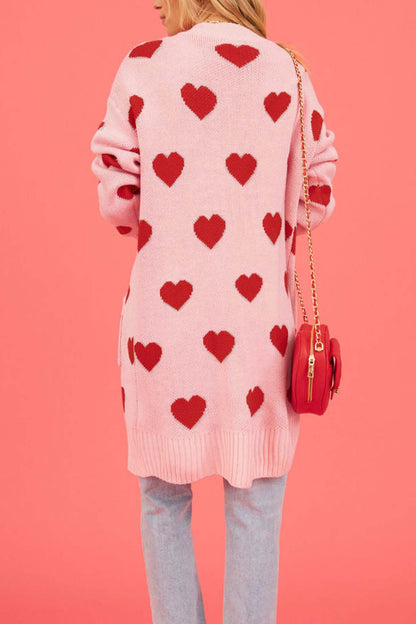 Heart Open Front Pocket Long Cardigan